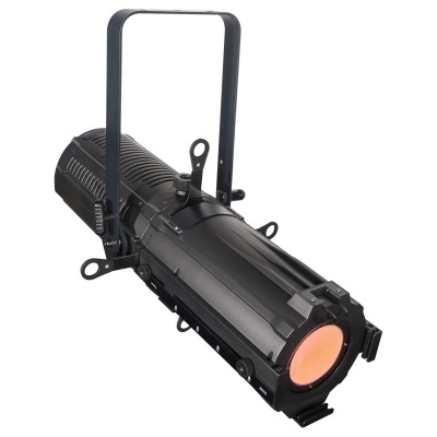 Projetor cênico preto com lente laranja e suporte ajustável