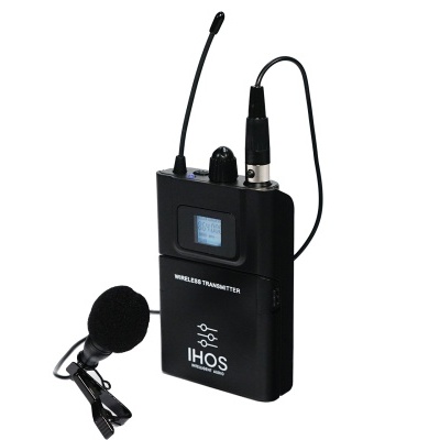 Transmissor wireless IHOS preto com microfone de lapela e ecrã digital pequeno