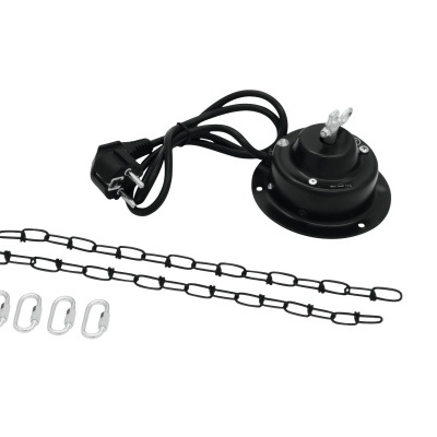 Conjunto de suporte de teto negro com base redonda, cabos, correntes e ganchos metálicos