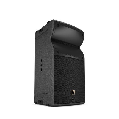 Coluna de som portátil preta com porta de metal perfurado