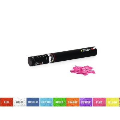 Tubo preto com confetes rosa ao lado e barra colorida com etiquetas de cores