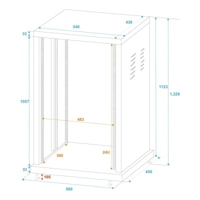 Estrutura metálica branca para armário ou rack com medidas e orifícios laterais de ventilação