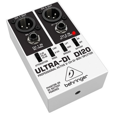 Pedal de áudio Behringer ULTRA-DI DI20 branco com entradas e saídas XLR pretas, botões e texto preto.