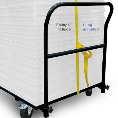 Carrinho metálico preto com rodas e fita amarela, texto 'Eslinga incluída'