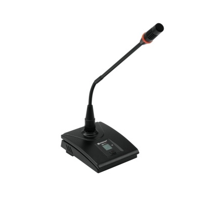 Microfone de mesa preto com estrutura flexível e visor LCD