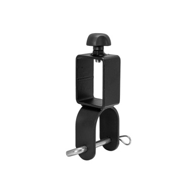 Grampo metálico preto com parafuso de aperto e pino com anilha