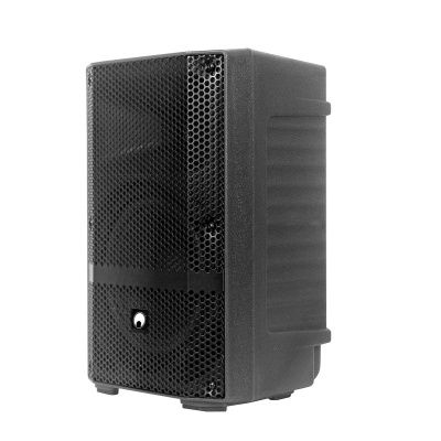 Coluna acústica preta com grelha metálica frontal e estrutura texturizada