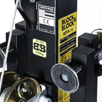 Fecho de teto Block & Block Beta-70 em metal preto com etiquetas amarelas