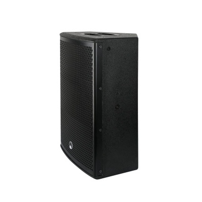 Coluna de som profissional preta com grelha metálica preta