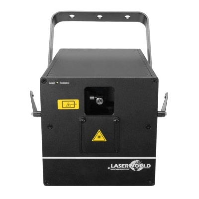 Projetor de laser preto LASERWORLD com alça metálica e adesivos de aviso