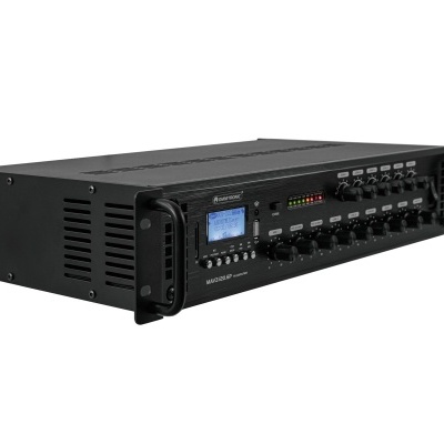 Amplificador de som profissional preto com botões e ecrã digital