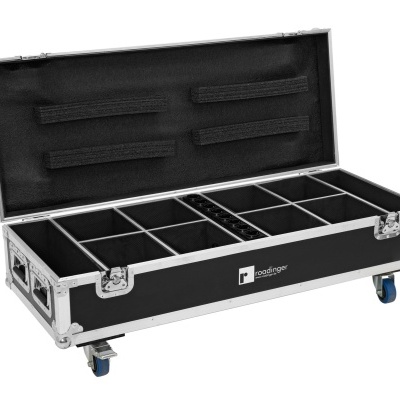 Mala de transporte preta com compartimentos internos acolchoados e rodas azuis