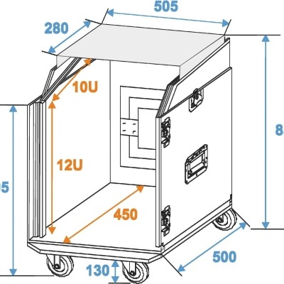 Carrinho metálico com rodas e medidas em milímetros
