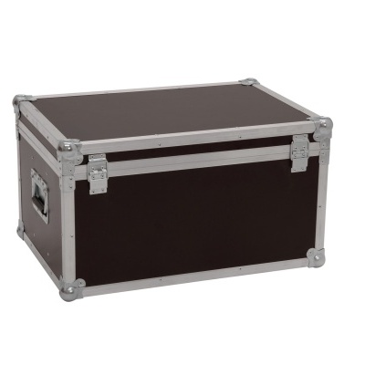 Caixa rígida preta com reforços metálicos prateados e pegas laterais