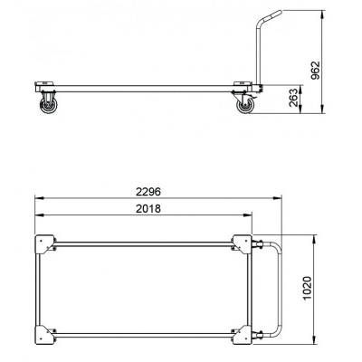 Desenho técnico de carrinho de transporte com medições