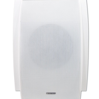 Coluna de som branca com grelha perfurada e etiqueta TOM CLARKE