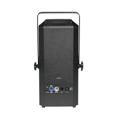 Caixa eletrónica preta vista de trás com conectores e suporte