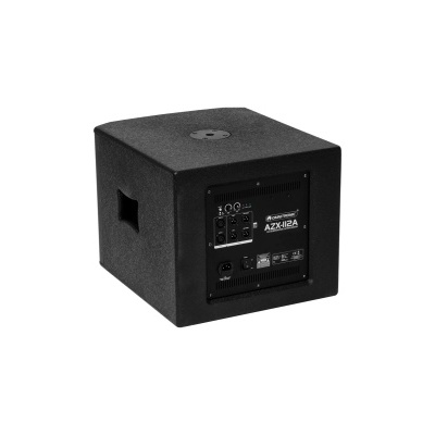 subwoofer preto em forma de cubo com painel traseiro