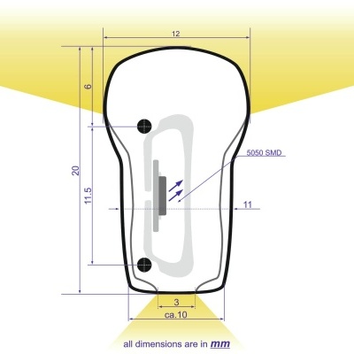 Diagrama técnico com medidas em milímetros de produto com forma irregular e texto 5050 SMD.