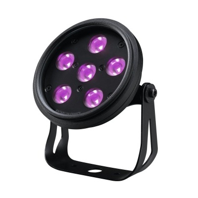 Foco LED preto com seis lâmpadas roxas e suporte ajustável