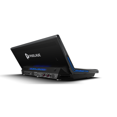 Monitor portátil PixelHue preto com detalhes azuis e diversas entradas