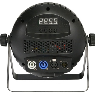 Luz de palco preta redonda com ecrã digital e várias entradas na parte traseira