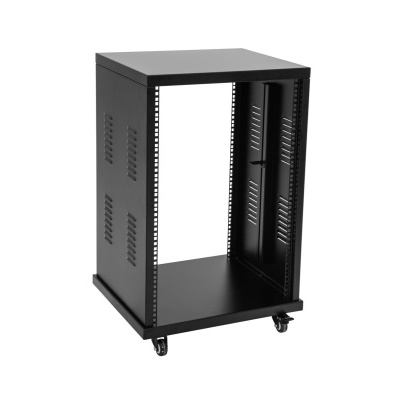 Móvel preto para equipamento com rodízios e ventilação lateral