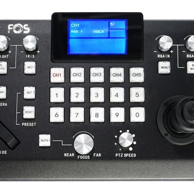 Controlador PTZ de câmaras com joystick e ecrã azul
