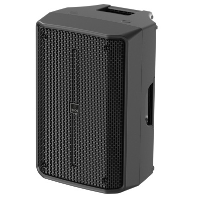 Coluna de som amplificada preta com grelha metálica frontal e painel de controlo superior