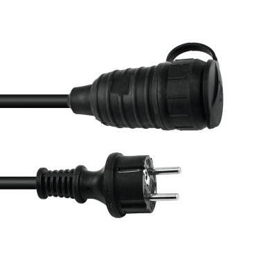 Cabo elétrico preto com ficha macho de dois pinos e ficha fêmea com tampa.