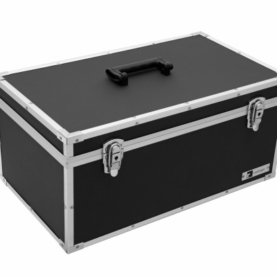 Estojo rígido preto com bordas de alumínio e pega no topo