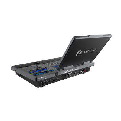 Mesa de mistura digital Pixelhue U5 preta com ecrã dobrável e botões azuis