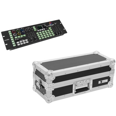 Mesa de mistura de som profissional preta com controlos verdes ao lado de caixa de transporte preta e prateada