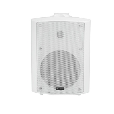 Coluna de som branca com grelha metálica e etiqueta Admiraudio