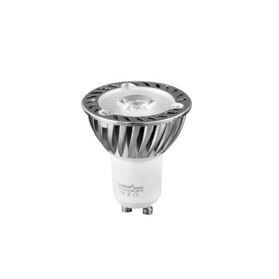Lâmpada LED GU10 com dissipador metálico prateado e corpo branco sobre fundo branco
