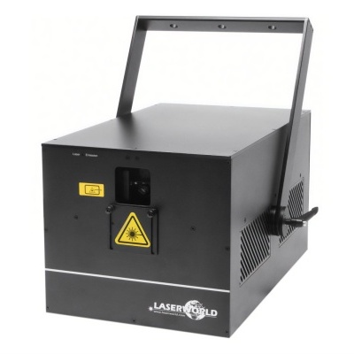 Equipamento preto para laser com avisos de segurança amarelos e alça