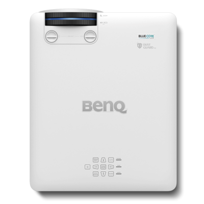 Projetor branco BenQ com detalhes em preto e azul e texto BLUE CORE e DUST GUARD