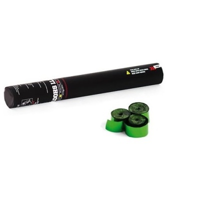 Tubo preto com texto e quatro rolos verdes ao lado sobre fundo branco