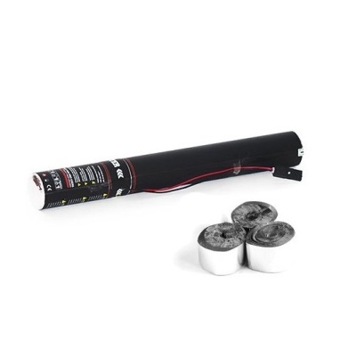 Isqueiro preto com rótulo e três rolos de papel prateado