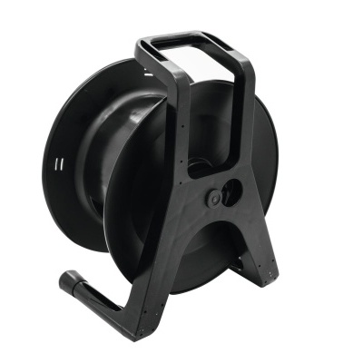 Carretel preto para cabos ou mangueiras, em plástico e metal