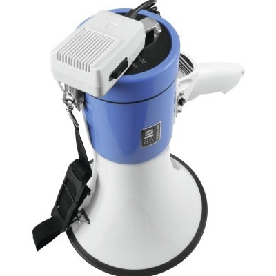 Mega fone branco e azul com alça preta ajustável