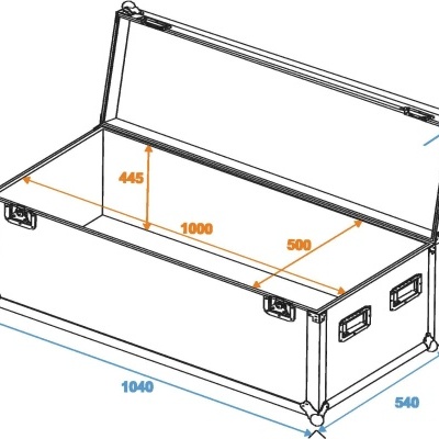 Desenho técnico de baú aberto com medidas anotadas