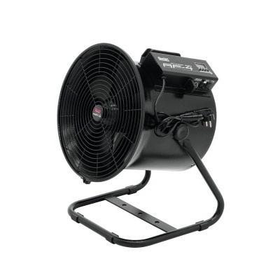 Ventoinha industrial preta com estrutura metálica tubular e base retangular