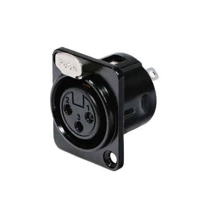 Conector XLR preto de 3 pinos com suporte quadrado para fixação