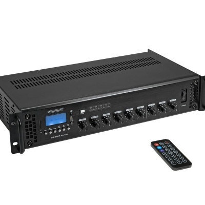 Amplificador de áudio preto com controlo e comando remoto