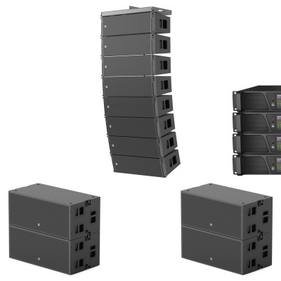 Altifalantes profissionais pretos, coluna suspensa, amplificadores com ecrãs