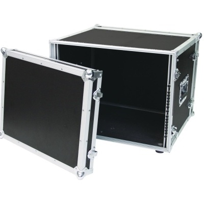 Caixa rígida preta aberta com bordas metálicas prateadas