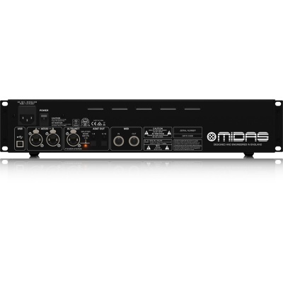 Parte traseira de equipamento de áudio preto Midas com conectores e etiquetas