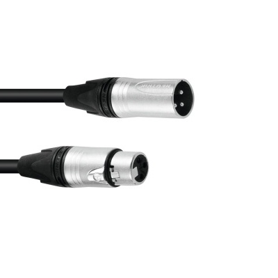 Cabo preto com conectores XLR metálicos prateados nas extremidades.