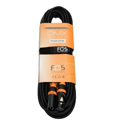 Cabo de áudio profissional FOS DMX preto com conectores XLR e rótulos laranja